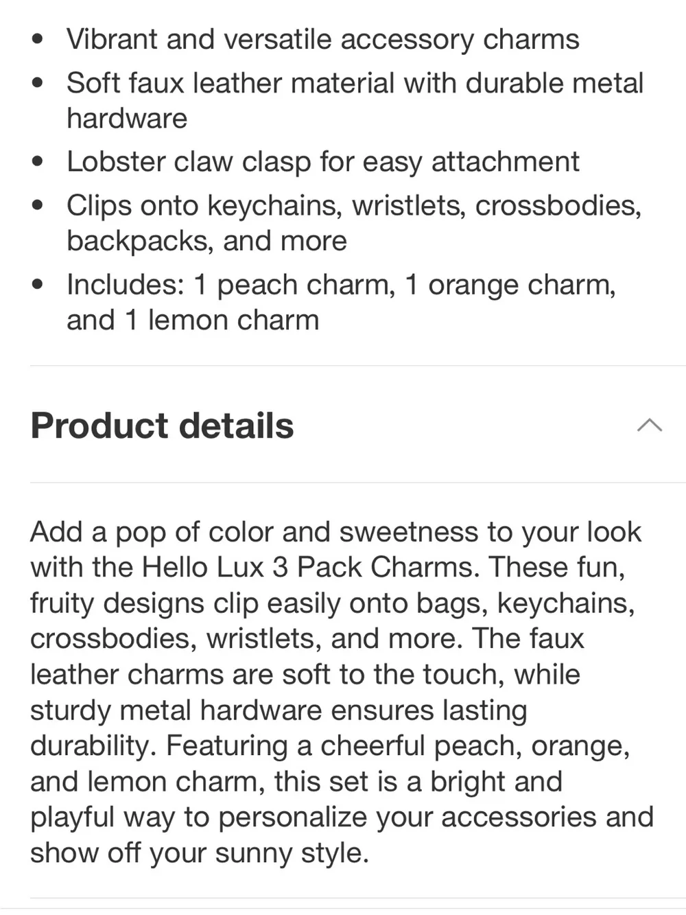 NIB Fruit Leather Charm 3 pc Set - Pink, Orange & Yellow